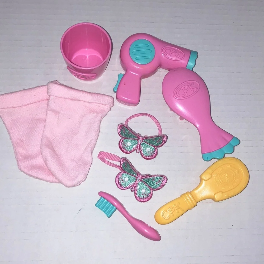 CPK Pink and Teal Doll Accessory Set‎ Socks Hair Brush Blowdryer Cup Toothbrush